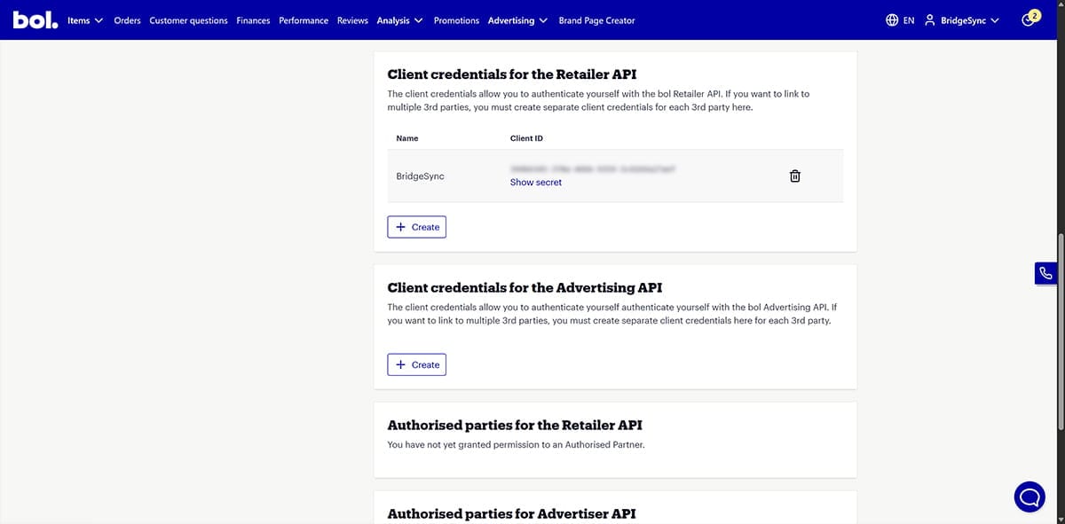 Bol.com partner portal showing Client credentials for the Retailer API section with Create button and existing credentials displaying Client ID and Show secret link
