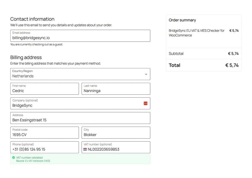 WooCommerce checkout: EU VAT number validated via VIES with a success message.