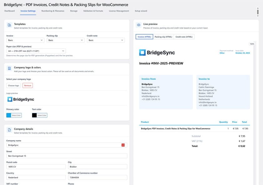 BridgeSync Invoice Settings for WooCommerce: templates, paper size, company logo & colours, company details and live invoice preview.