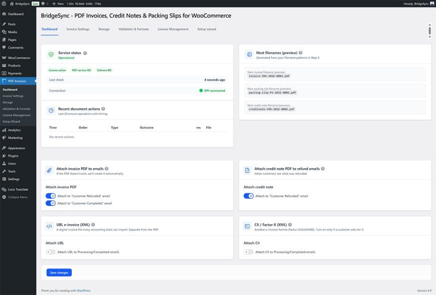 Email attachment settings in the PDF Invoices dashboard