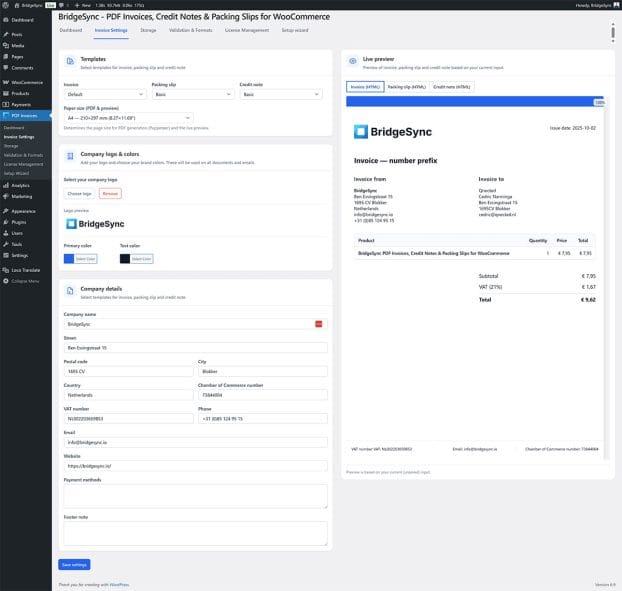 Invoice settings page for customizing PDF templates