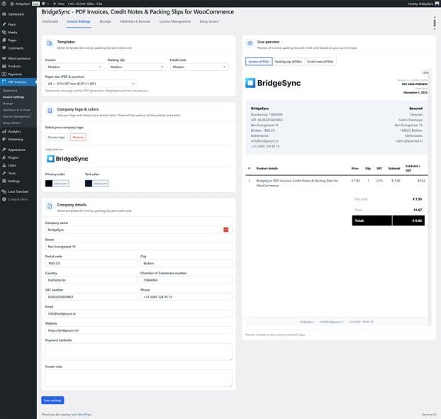 Live preview panel in PDF invoice settings