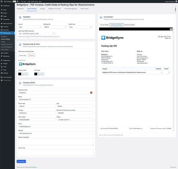 Packing slip settings in PDF invoice configuration