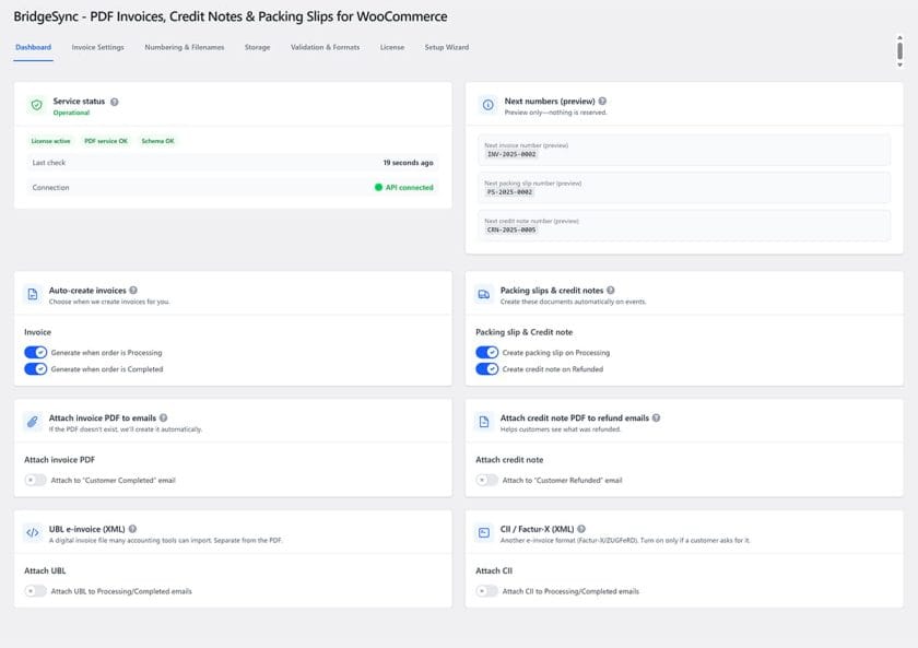 Use the BridgeSync PDF Invoices dashboard to keep an eye on the status of your service and automatically generate invoices, packing slips and credit notes.