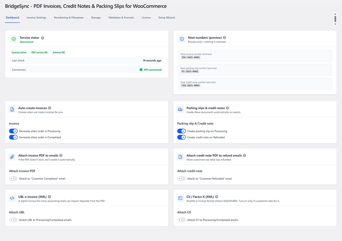 Use the BridgeSync PDF Invoices dashboard to check the status of your service and automatically create invoices, packing slips, and credit notes.