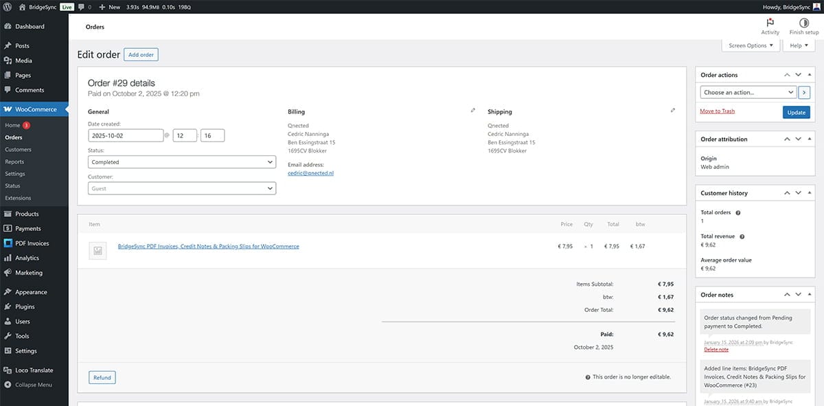 WooCommerce order actions for PDF documents