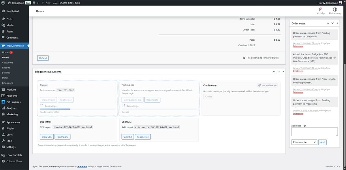 PDF Invoices meta box on a WooCommerce order
