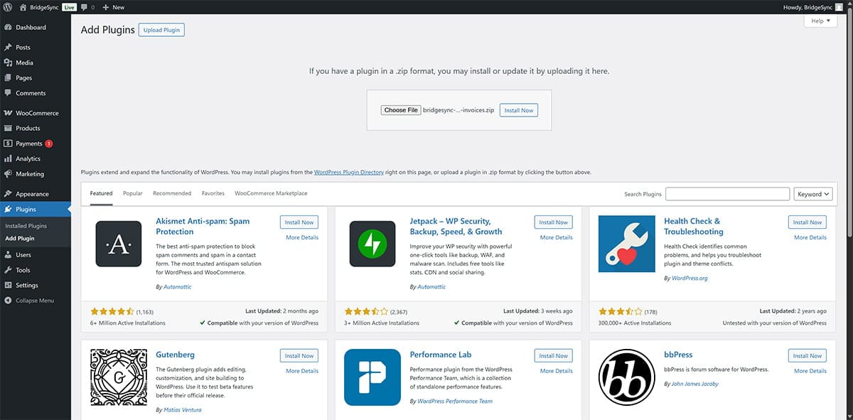 Upload the BridgeSync PDF Invoices & Packing Slips plugin