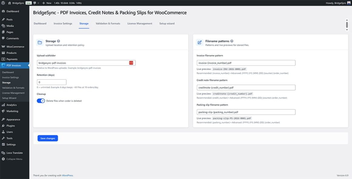 Storage and filename pattern settings for PDF documents