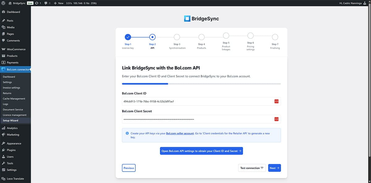 BridgeSync Setup Wizard Step 2 showing the API connection fields for entering Bol.com Client ID and Client Secret with Test connection and Next buttons