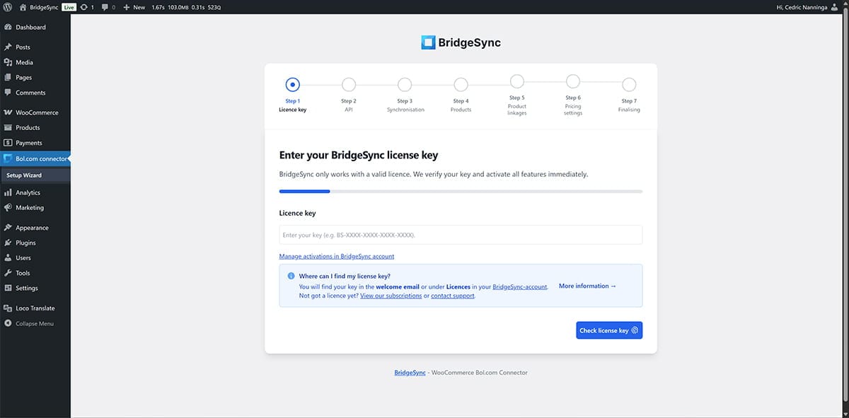 BridgeSync Setup Wizard Step 1 displaying the license key input field with Check license key button