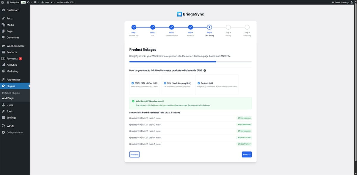 BridgeSync Setup Wizard Step 5 showing product linkages configuration with EAN source options and product preview with valid EAN codes