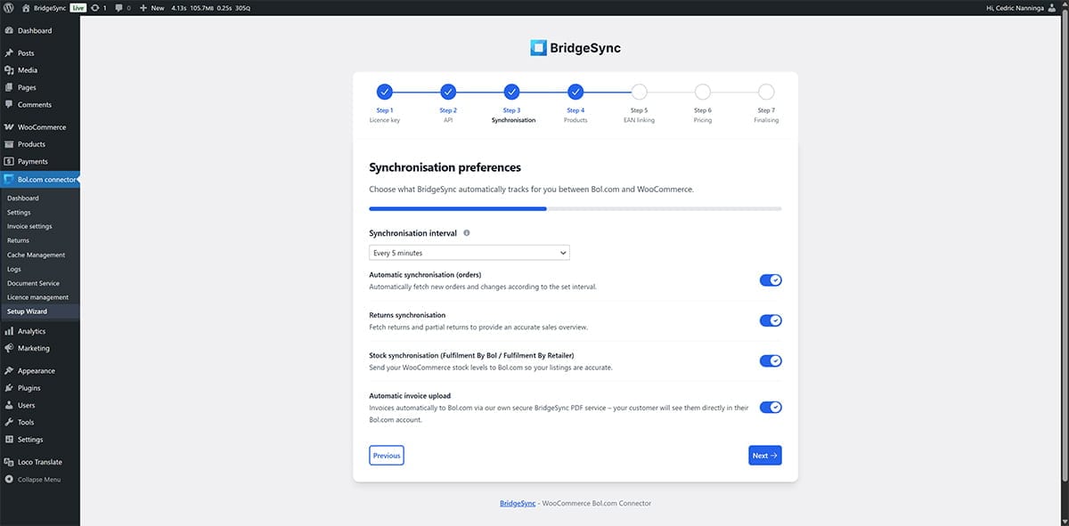 BridgeSync Setup Wizard Step 3 displaying synchronization interval dropdown and sync feature toggles for orders, returns, stock and invoices