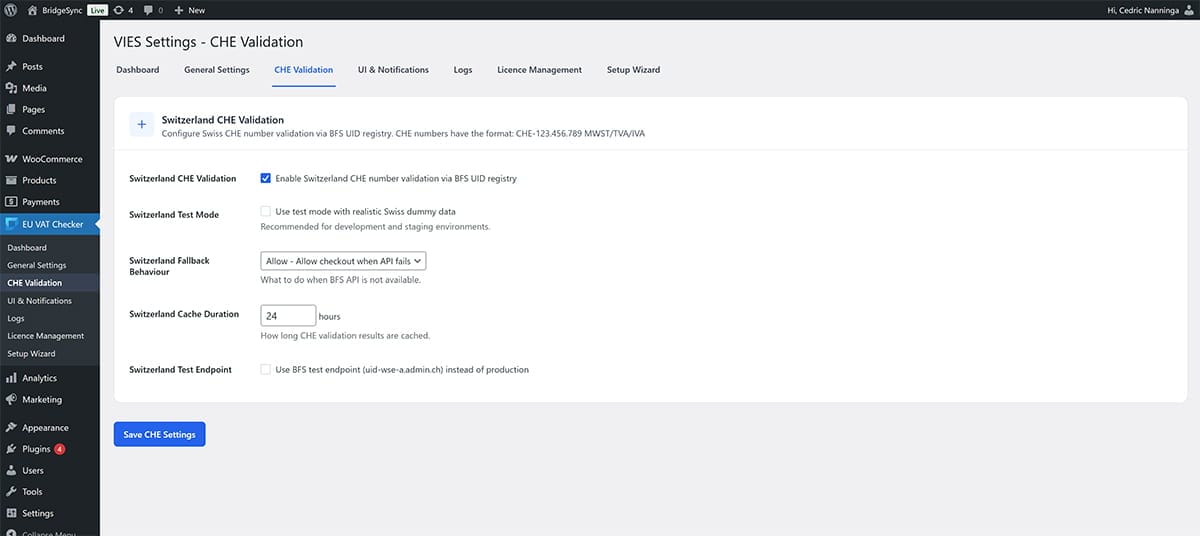Enable Swiss UID (CHE) validation in BridgeSync VAT settings