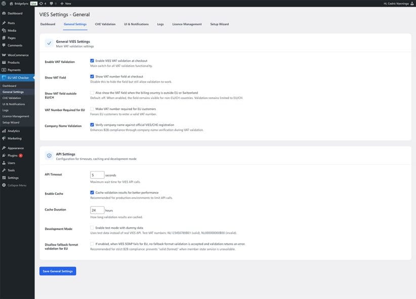 Enable the VAT field setting in BridgeSync VAT general settings