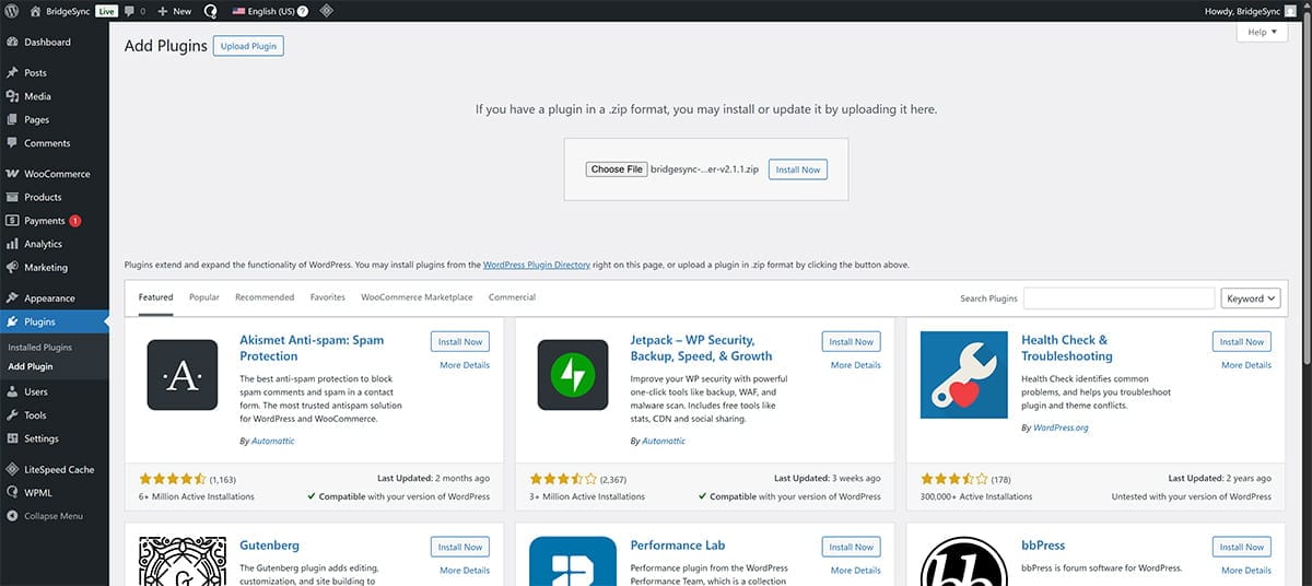 Upload the BridgeSync VAT plugin zip file in WordPress