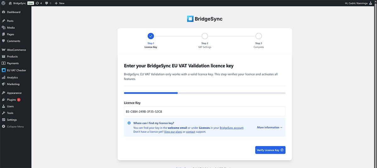Enter your BridgeSync VAT license key in the setup wizard
