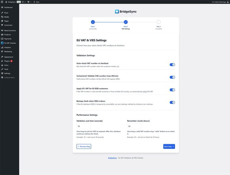 Configure VAT validation settings in the setup wizard