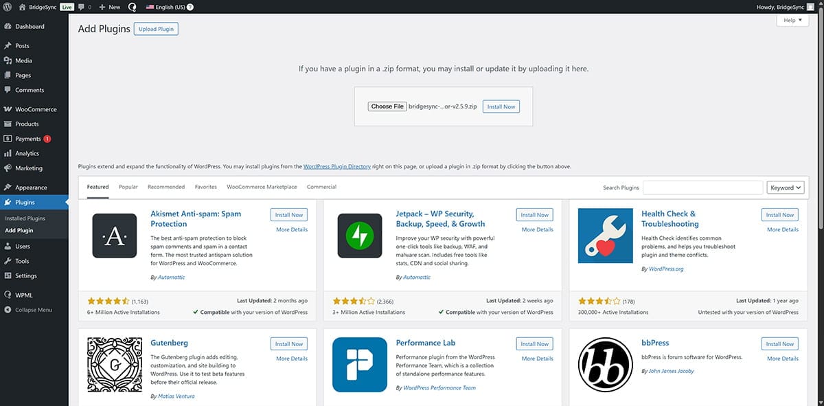WordPress plugin upload screen showing the BridgeSync Bol.com Connector .zip file being uploaded and installed