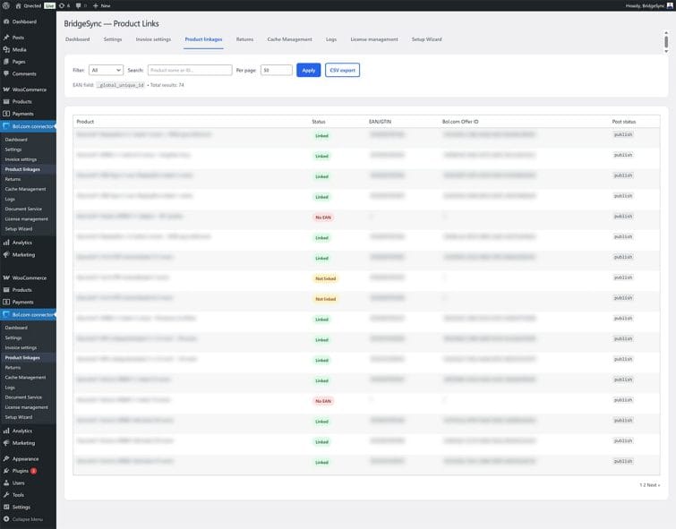 BridgeSync Product Links page showing a table with Product name, Status column with Linked and No EAN badges, EAN/GTIN codes, Bol.com Offer IDs, filter dropdown, search field, and CSV export button