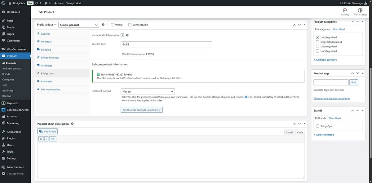 WooCommerce product edit page showing the BridgeSync tab in Product data panel with Use separate Bol.com price checkbox, WooCommerce price display, EAN validation showing valid GS1 compliant code, Fulfillment method dropdown, and Synchronize changes immediately button