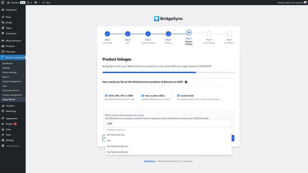 BridgeSync Setup Wizard showing Custom field option selected with a searchable dropdown listing all available WooCommerce attributes and ACF fields