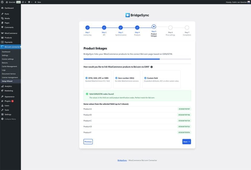 BridgeSync Setup Wizard Step 5 Product linking showing three EAN source options: GTIN EAN UPC or ISBN, SKU Stock Keeping Unit, and Custom field, with Valid EAN/GTIN codes found confirmation and sample products listed with their EAN codes