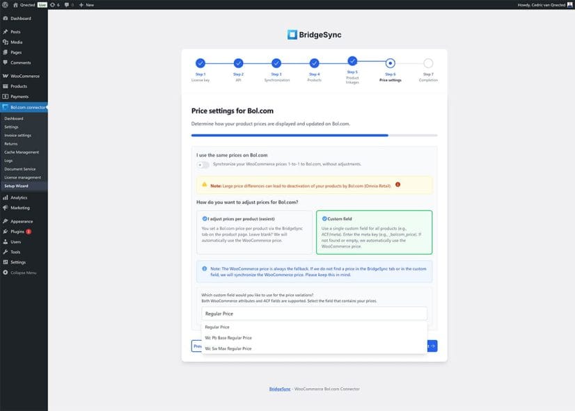 BridgeSync Setup Wizard Step 6 Pricing settings with toggle disabled showing two options: I adjust prices per product easiest and Custom field, plus a warning about large price differences