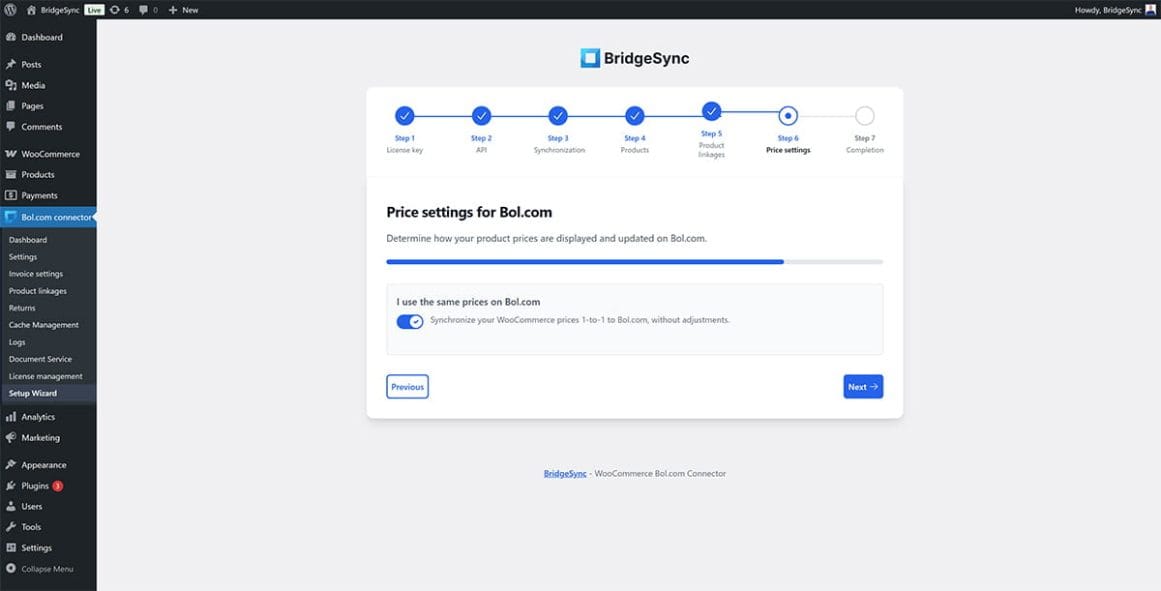 BridgeSync Setup Wizard Step 6 Pricing settings showing I use the same prices on Bol.com toggle enabled