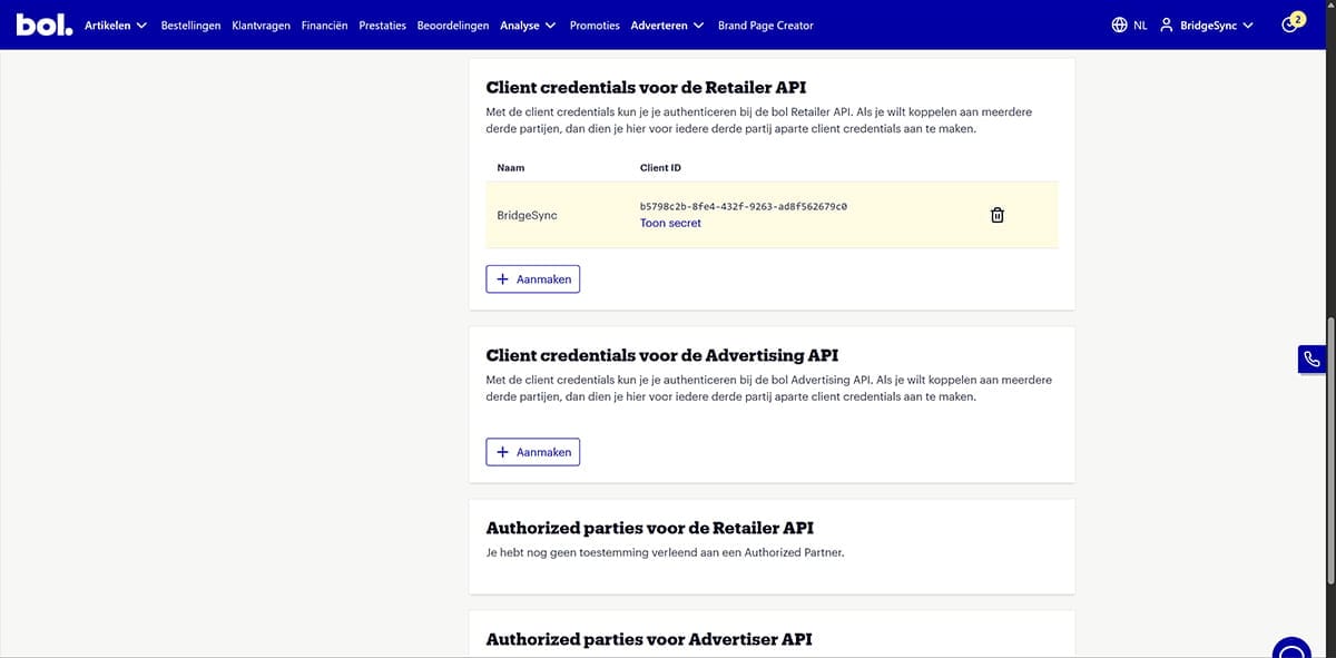 Bol.com partner portal API Settings page showing Client credentials for the Retailer API section with Client ID visible and Show secret button