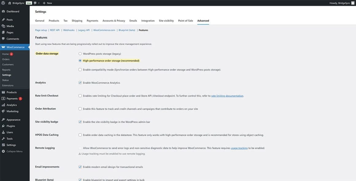 WooCommerce Settings Advanced Features page with High-Performance Order Storage checkbox enabled