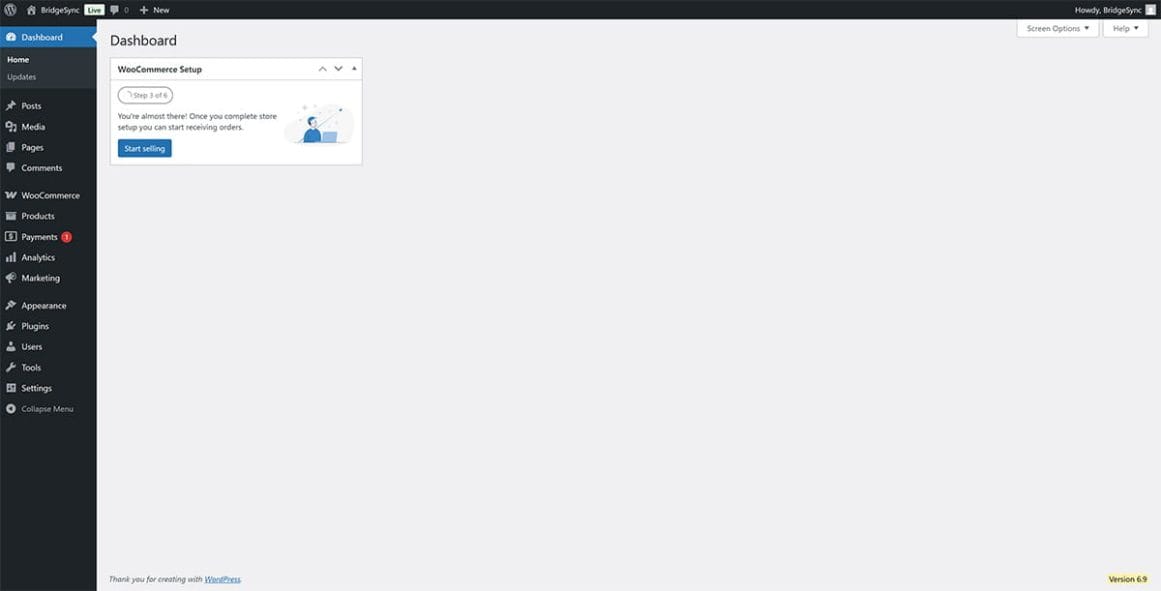 WordPress admin dashboard showing the version number 6.5 in the bottom-right footer area