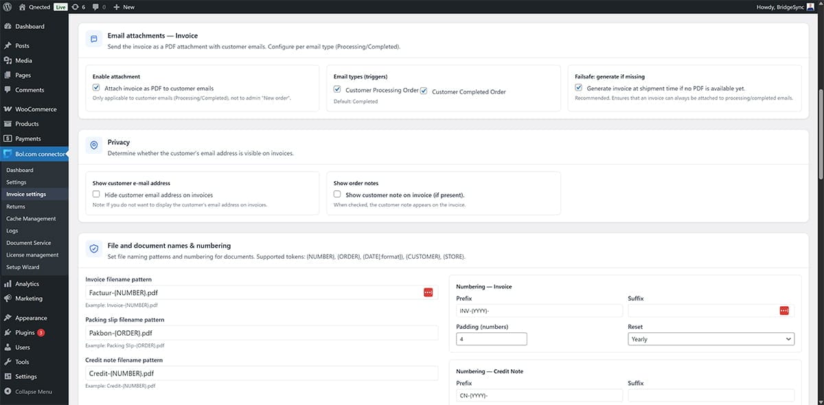 BridgeSync Document Service Automation section showing three columns for Invoice, Packing slip, and Credit note with trigger checkboxes for Processing, Completed, On hold, and Refunded statuses