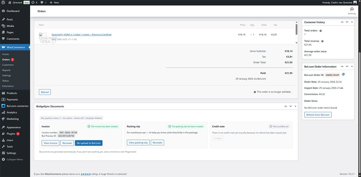 WooCommerce order page showing BridgeSync Documents panel with three columns: Invoice showing invoice number INV-2026-0053 with View invoice, Re-create, and Upload to Bol.com buttons; Packing slip with View packing slip and Re-create buttons; Credit note showing Not available yet with Create button