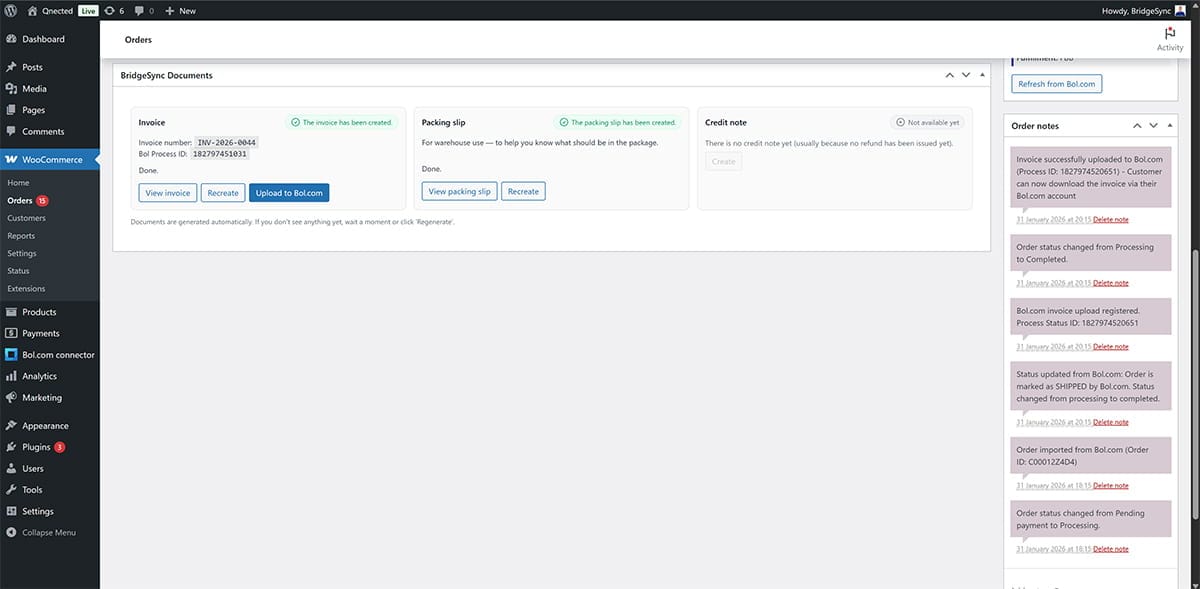 WooCommerce Order notes panel showing timestamped entries including Bol.com invoice upload submitted with Process Status ID, order status changes, and Order imported from Bol.com confirmation