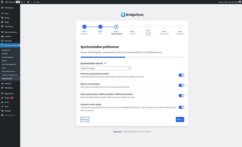 BridgeSync Setup Wizard Step 3 Synchronization page showing the Automatic invoice upload toggle enabled at the bottom
