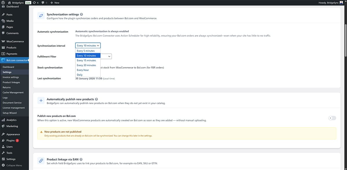 BridgeSync Settings page showing Synchronization settings section with Synchronization interval dropdown, Fulfillment Filter, Stock synchronization checkbox, and Latest synchronization timestamp