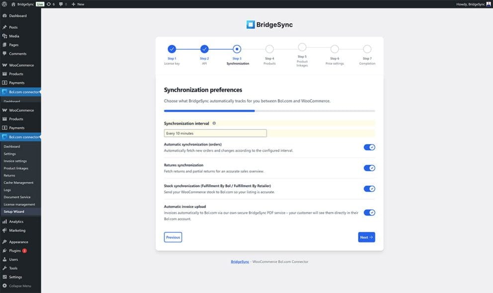 BridgeSync Setup Wizard Step 3 Synchronization preferences showing synchronization interval dropdown set to Every 15 minutes with toggles for automatic synchronization, returns, stock, and invoice upload