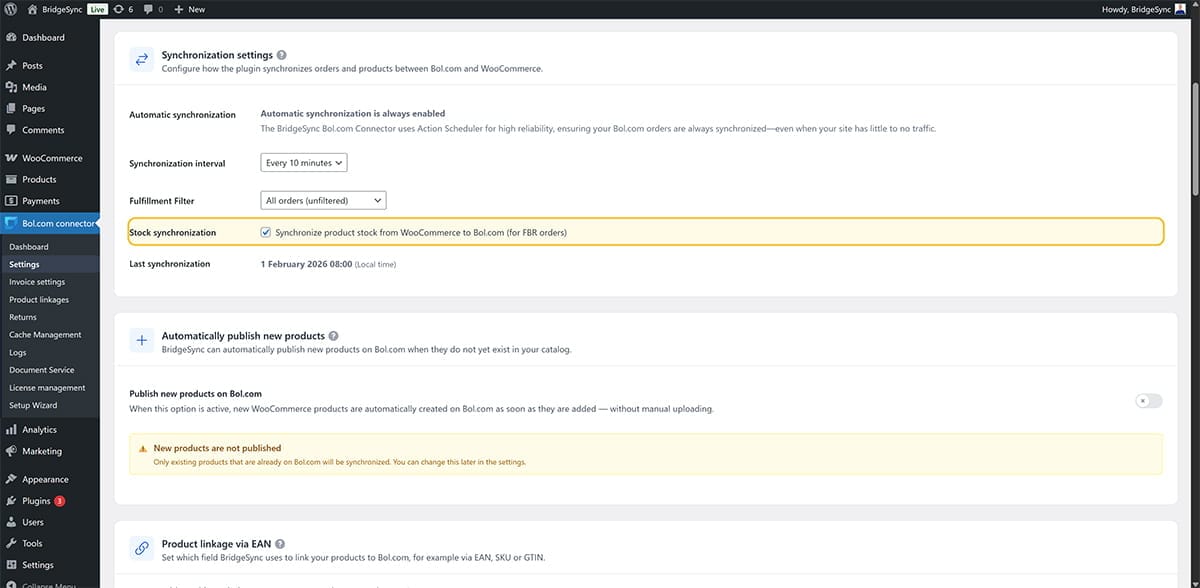BridgeSync Settings page showing Synchronization settings section with Stock synchronization checkbox enabled to synchronize product stock from WooCommerce to Bol.com for FBR orders