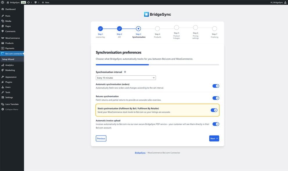BridgeSync Setup Wizard Step 3 Synchronization preferences showing Stock synchronization toggle for Fulfillment By Bol and Fulfillment By Retailer enabled