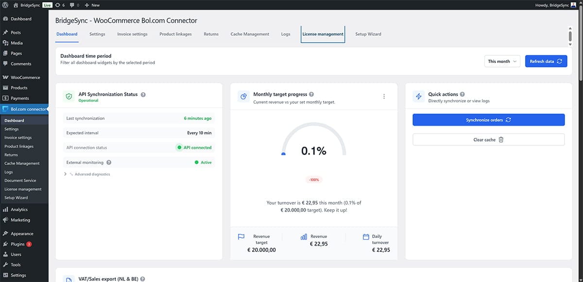 BridgeSync Dashboard showing API Synchronization status panel with Operational status, Latest synchronization showing 1 minute ago, Expected interval Every 15 min, API connection status showing green API connected, and External monitoring option